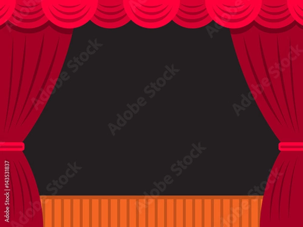 Fototapeta Scena teatralna wektorowa z czerwoną kurtyną i pustą sceną oraz ciemnym tłem do umieszczania aktorów, obiektów lub tekstu