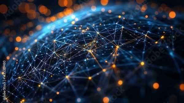 Fototapeta Global technology and telecommunication network interface Complexity graphs analytical in technology background Bright neon dark, Abstract Digital Network with Glowing Nodes, Global Digital Network 

