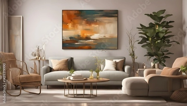 Fototapeta Soft-toned interior with abstract art, fluted side table and cozy sofa with ceramic decor
