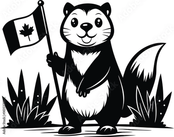 Obraz A cute cartoon squirrel, a mammal with a bushy tail, peeks from a tree, a funny illustration reminiscent of a feline