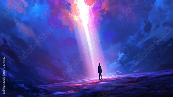 Fototapeta A person standing tall with rays of light, symbolizing personal growth and mental recovery, in a tranquil setting. (2)