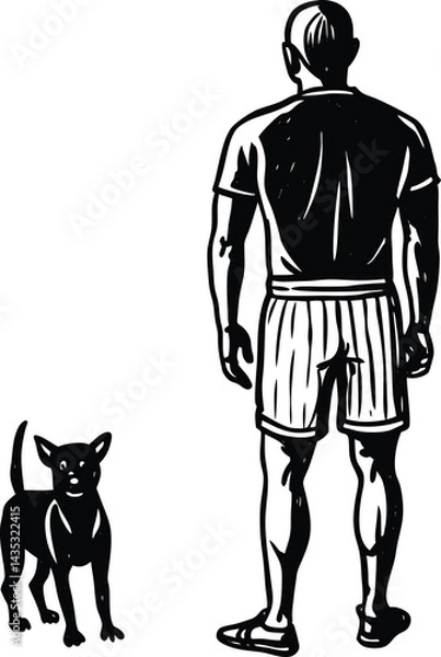 Obraz A standing silhouette of a man with a black and white cat, a vector illustration with a touch of fashion