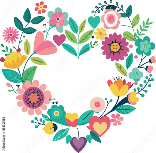 Obraz A pink floral heart frame, a vector illustration with a spring flower pattern, creates a beautiful nature-inspired design