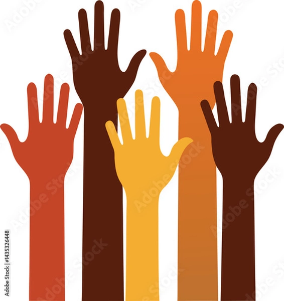 Obraz Vector illustration of human hands, a group of people raising their arms in a silhouette style, suggesting volunteer work and charity
