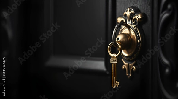 Obraz Golden Key on The Door, Golden house key chain hangs on dark green door. Keys, small model house attached., Generative Ai