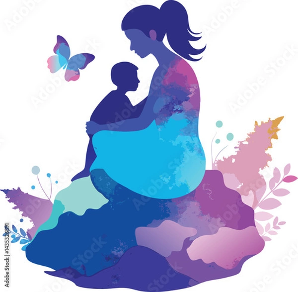 Obraz Silhouette of a woman dancer with floral design enjoys a pink butterfly at a night party near water