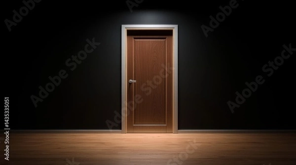 Fototapeta A wooden door with a silver handle and lock in a dark room.
