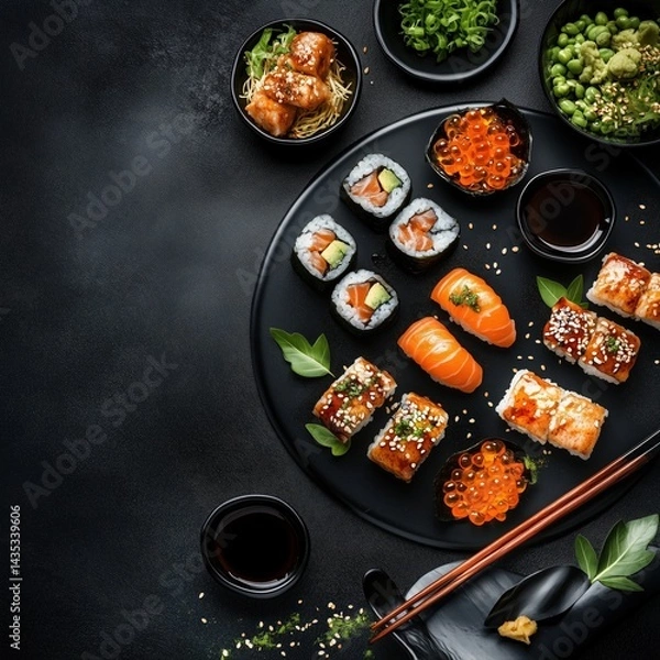 Fototapeta Delicious sushi platter with soy sauce and wasabi on dark background