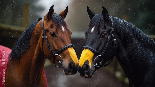 Fototapeta Two horses close-up, facing each other in a snowy stable