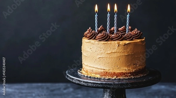 Fototapeta Glowing birthday cake with lit candles in a dark room creating a festive and warm atmosphere for celebration