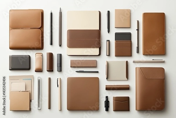 Fototapeta Organized, neutral-toned stationery and leather accessories laid out on a white surface  Various items like notebooks, pens, notepads, and pouches are displayed in a grid pattern