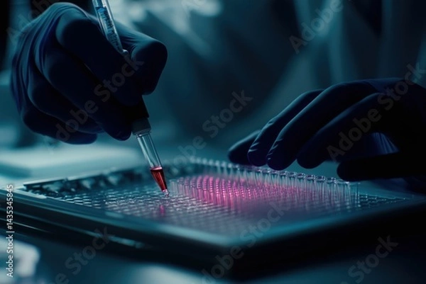 Fototapeta A scientist uses a pipette to dispense a red liquid into a microplate, conducting a precise laboratory experiment.