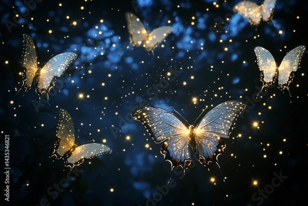 Fototapeta Butterflies illuminate a starry night sky in a mesmerizing display of nature's beauty and magic