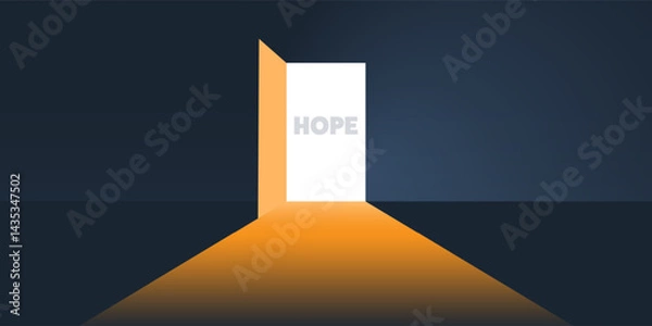 Fototapeta A doorway opens to a bright, light-filled space, with the word HOPE displayed. The contrast between the dark surroundings and the illuminated entrance evokes a sense of optimism and possibility.