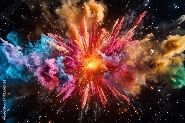 Obraz Cosmic explosion showcasing vibrant colors and swirling particles in deep space