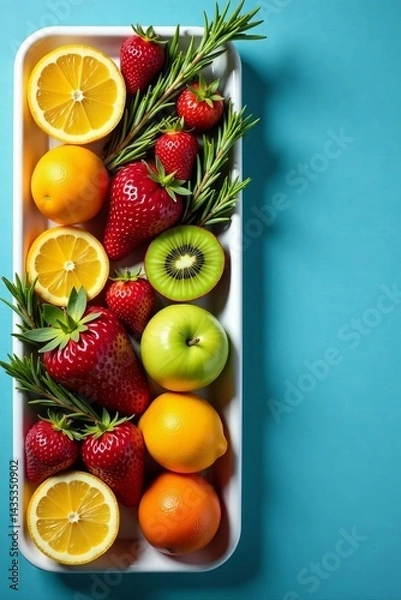 Obraz Fresh assortment of exotic fruits garnished with fragrant rosemary on blue backdrop, garnish, exotic, rosemary
