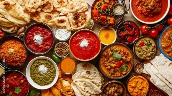 Fototapeta A vibrant spread of Indian cuisine, featuring curries, breads, and various side dishes