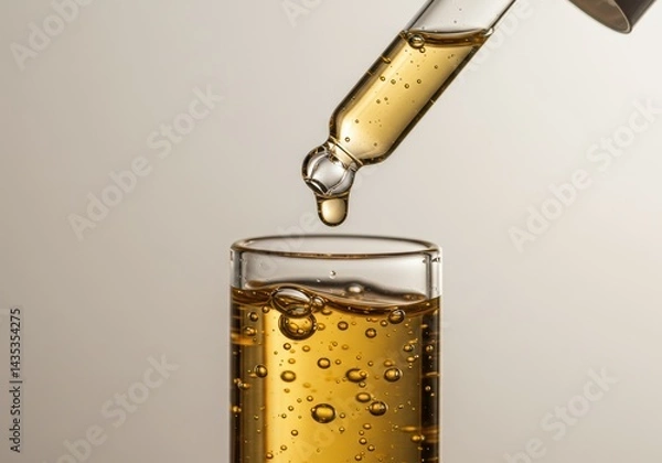 Fototapeta A pipette dispenses a drop of golden liquid into a small glass with a neutral background.