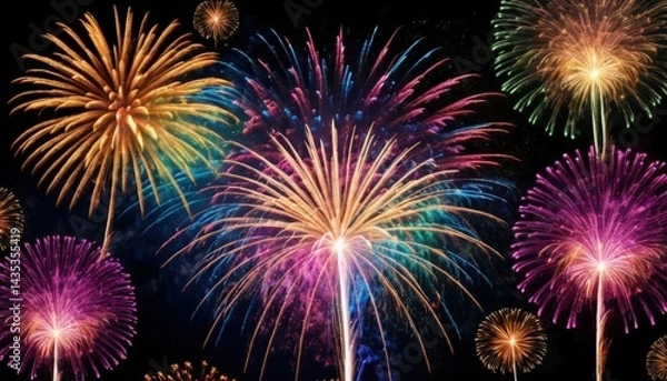 Fototapeta A stunning display of vibrant fireworks bursts against a deep black sky, showcasing an array of colors including reds, blues, and golds, creating a festive atmosphere.