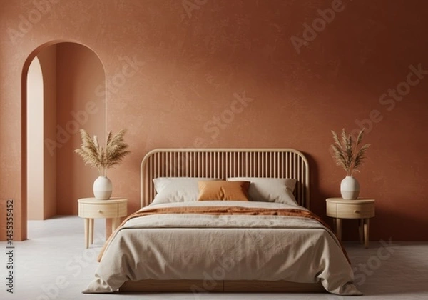 Fototapeta A stylish bedroom interior with a wooden bed frame and earthy tone color palette.