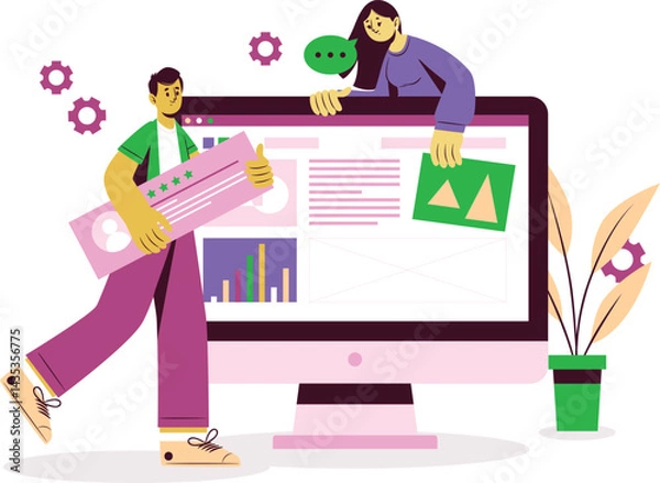 Obraz UI/UX Designers Working on Web Page Layout, Flat Design of Creative Web Interface Teamwork