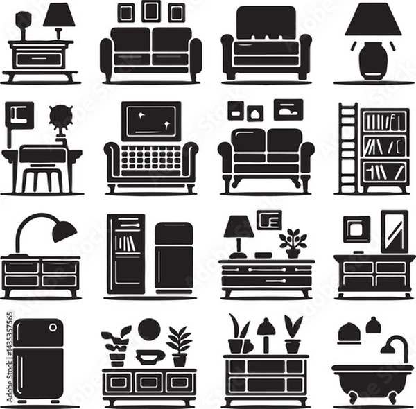 Fototapeta Home furniture icon set black vector sillhouttee with sofa, bed, fridge, lamp, bookshelf, table and bathtub