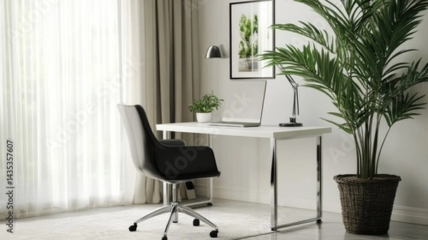 Fototapeta Minimal home office space with sleek desk and decorative plant