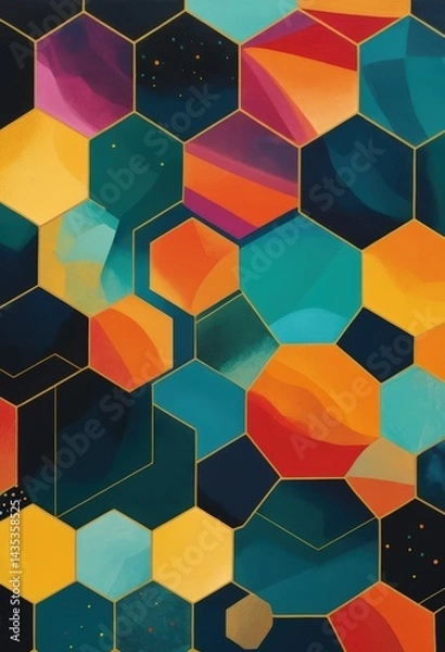 Fototapeta A vibrant abstract background featuring a dynamic arrangement of colorful hexagons in various shades, creating a lively and energetic visual effect.