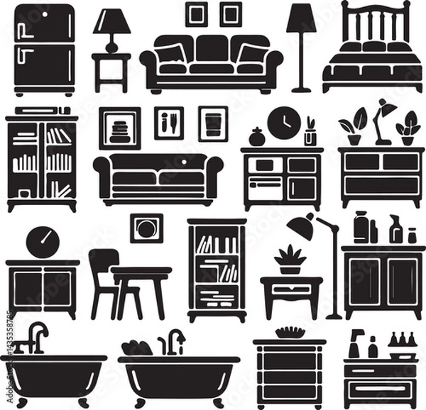 Fototapeta Home furniture icon set black vector sillhouttee with sofa, bed, fridge, lamp, bookshelf, table and bathtub