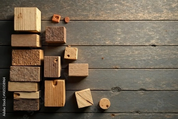 Fototapeta Rustic Wooden Blocks Arranged on Weathered Planks with Copy Space