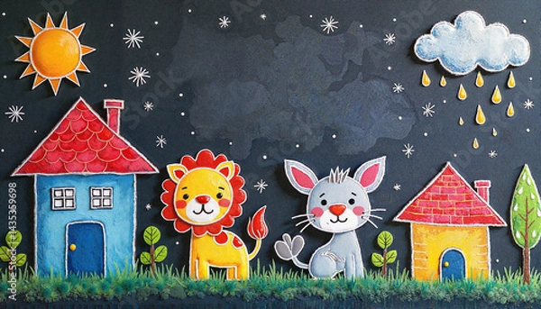 Fototapeta Colorful chalk drawing of happy animals and houses, children's art
