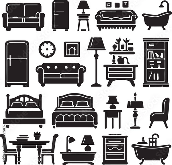 Fototapeta Home furniture icon set black vector sillhouttee with sofa, bed, fridge, lamp, bookshelf, table and bathtub