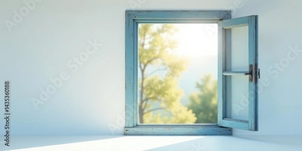 Fototapeta Serene Sunlight Streaming Through a Gently Ajar Rustic Window Pane, Illuminating a Tranquil Verdant Landscape Beyond