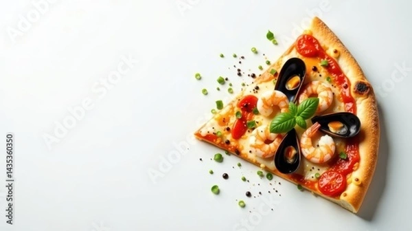 Fototapeta A Delicious Slice of Seafood Pizza with Shrimp and Mussels, Topped with Fresh Basil and Spices on a White Background