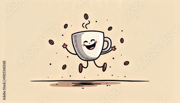 Fototapeta Joyful animated cup jumping with coffee beans, happiness concept