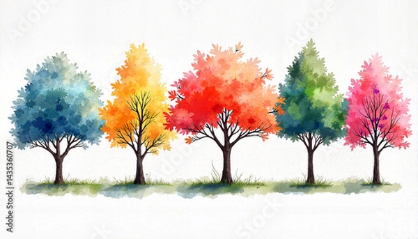 Fototapeta Colorful decorative trees in watercolor style, nature's beauty