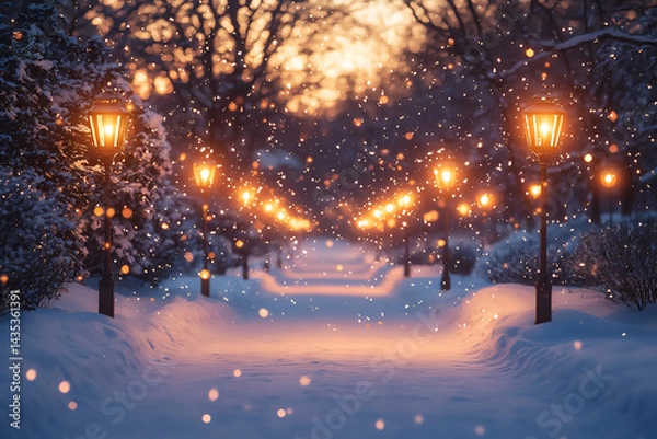 Fototapeta dreamy snow scene with soft falling snow and glowing lanterns illuminating a path