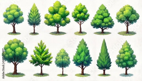 Fototapeta Aerial schematic of diverse garden trees in CAD style, nature design