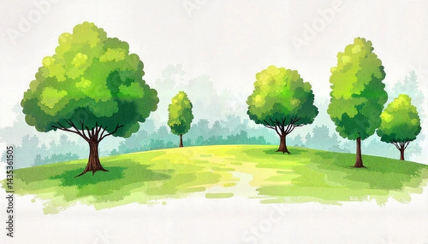 Fototapeta Hand-drawn landscape design with trees on green hill, nature inspiration