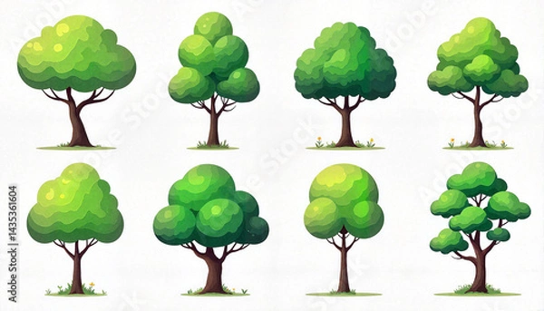 Fototapeta Various green canopy trees in flat vector art style, nature design
