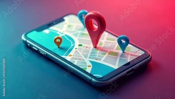 Fototapeta Mobile phone with map for local SEO optimization, business, device, digital marketing