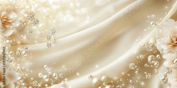 Fototapeta Elegant cream fabric draped with pearls and gemstones