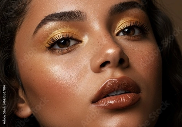 Fototapeta Beautiful woman's face, displaying stunning golden eye makeup and a glossy brown lip color.