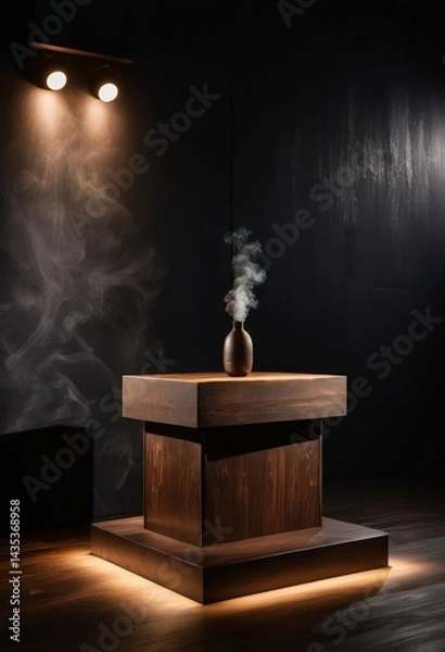 Fototapeta A vintage smokestack model sits prominently on a rustic wooden table, surrounded by scattered blueprints and tools, evoking a sense of industrial nostalgia.