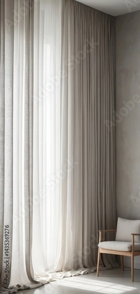 Fototapeta A cozy, upholstered chair sits invitingly in front of sheer, flowing curtains that gently filter sunlight, creating a warm and serene atmosphere.