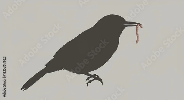 Fototapeta グレー背景に浮かぶ鳥とミミズの精密な横顔シルエットイラスト