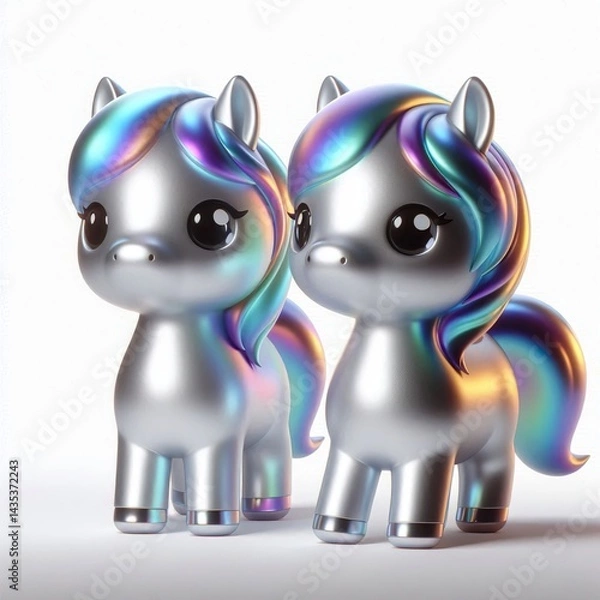 Obraz Animated character 3D image of two Shetland breed ponies, metallic holographic style cute design, white background, new year theme