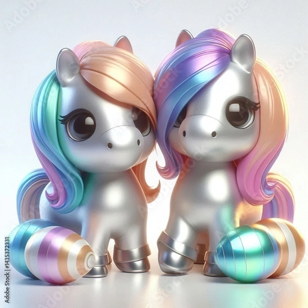 Obraz Animated character 3D image of two Shetland breed ponies, metallic holographic style cute design, white background, new year theme