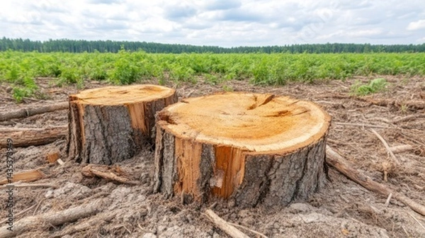 Fototapeta Stumps in Deforestation: A poignant image showcasing two freshly cut tree stumps stand as silent witnesses to the environmental impact of deforestation against a backdrop of replanted saplings.