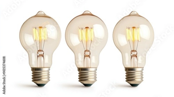 Obraz Illuminating Ideas: Three radiant light bulbs illuminate against a soft backdrop, representing innovation and energy in a minimalist, high-angle perspective.
